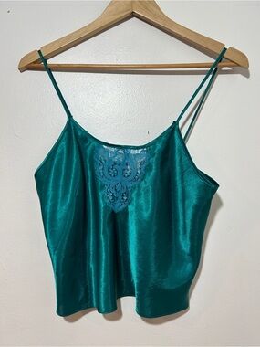 Vintage Jewel Green Satin Lace-Trim Cami Top Size S